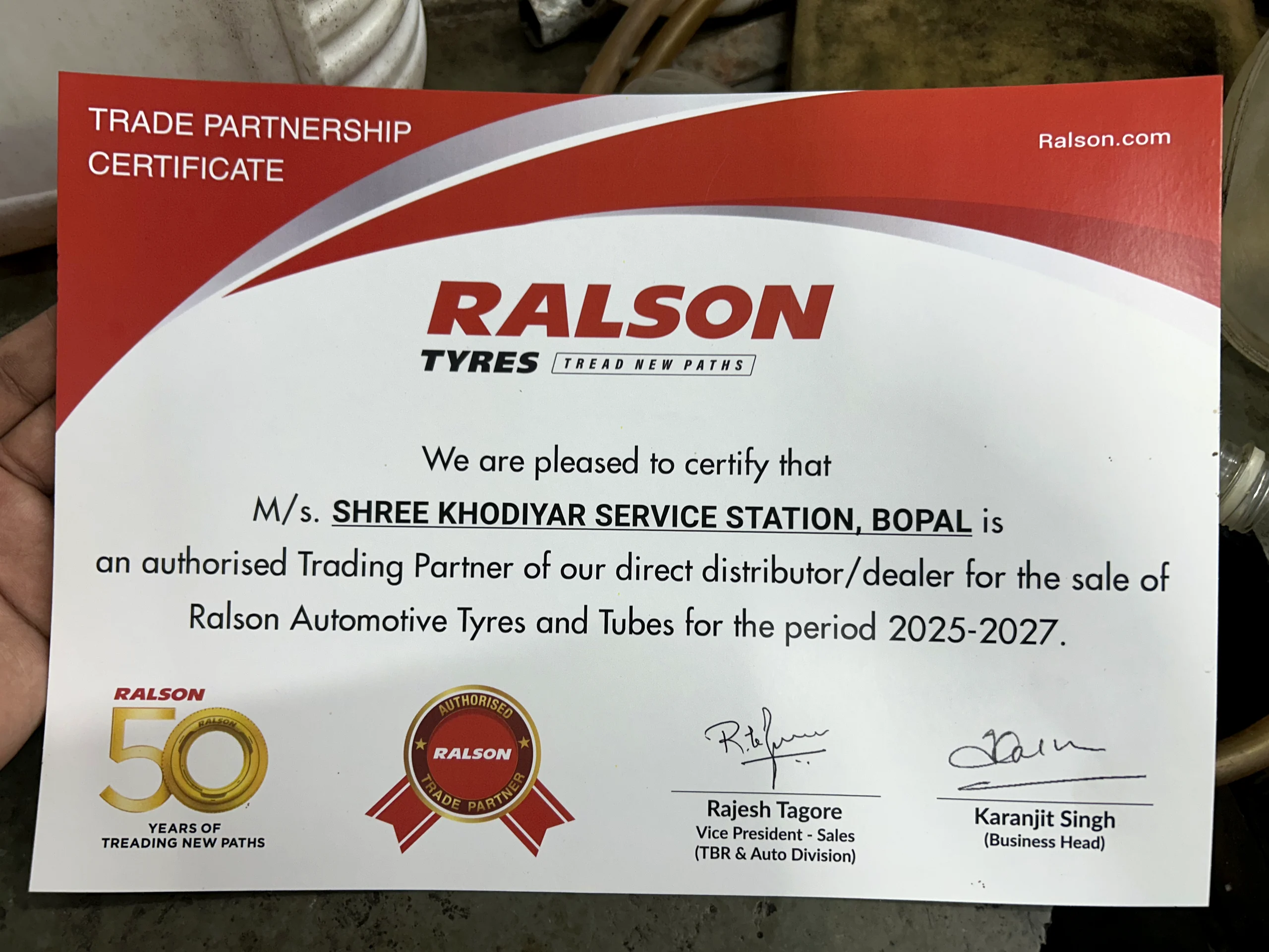 Ralson Tyres trade partnership certificate