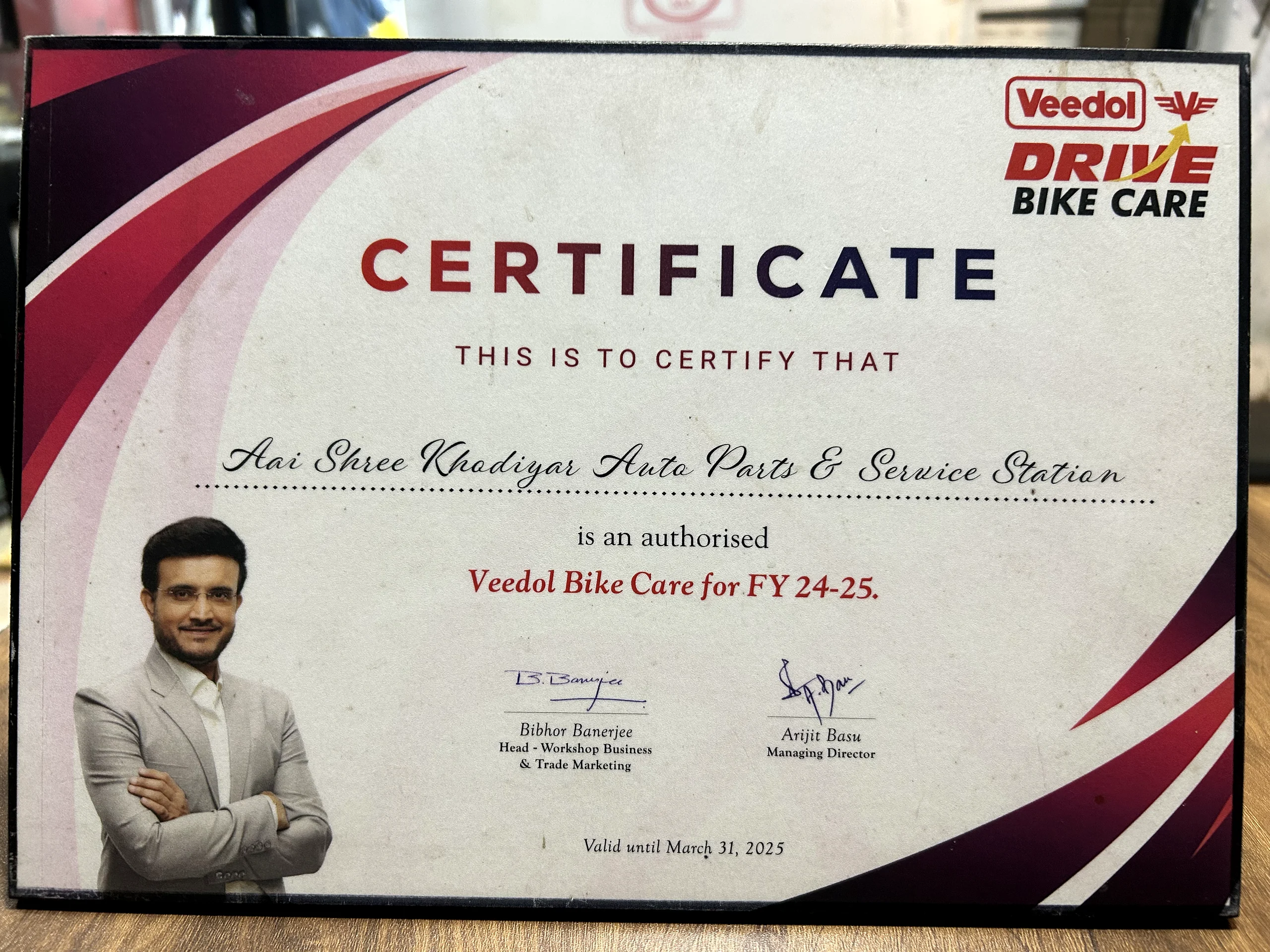Veedol Bike Care certificate
