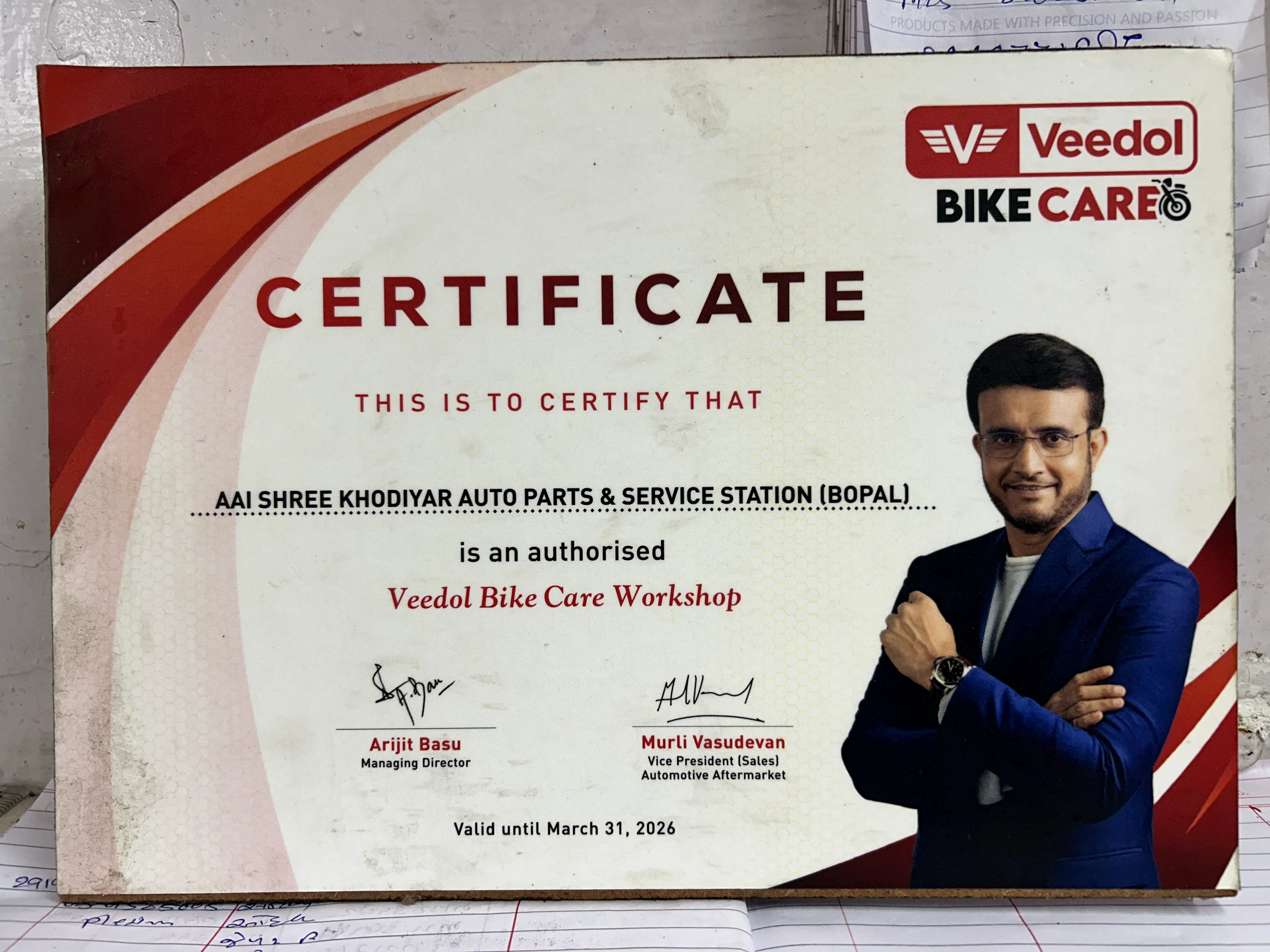 Veedol Bike Care workshop certificate