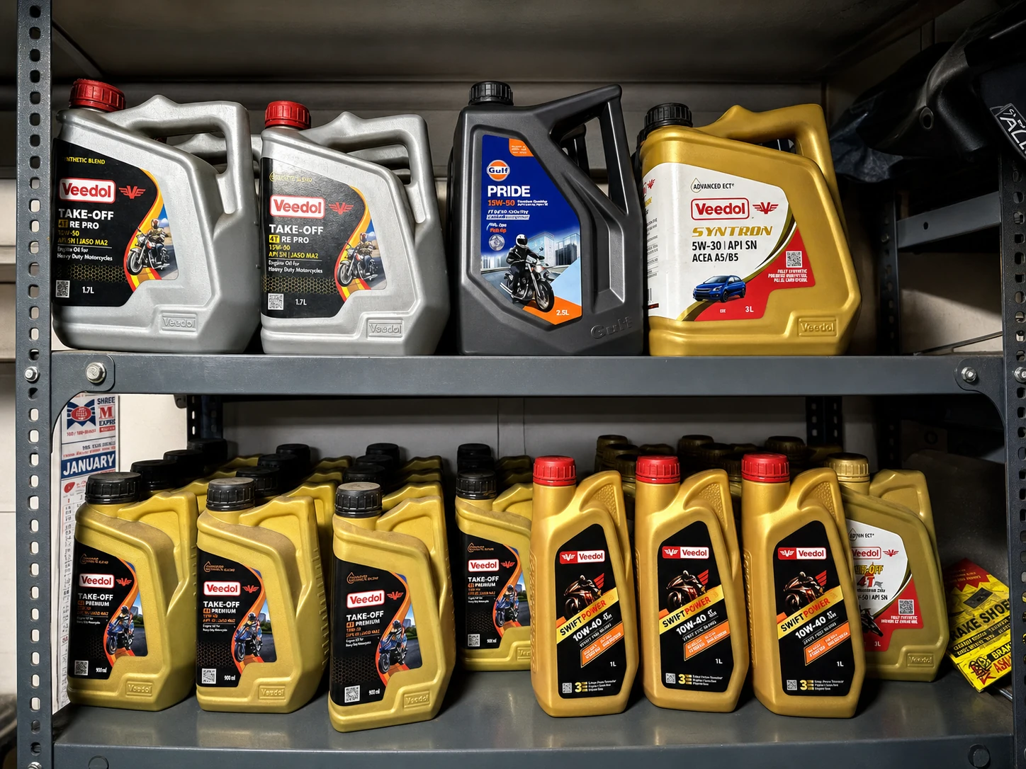 Premium engine oils stocked at the workshop